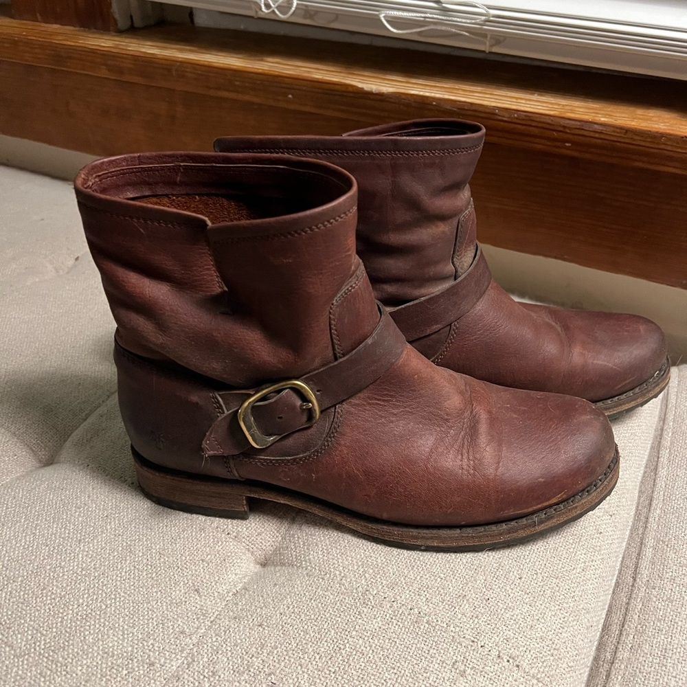 Frye Veronica Short Brown Leather Ankle Boots with Buckle